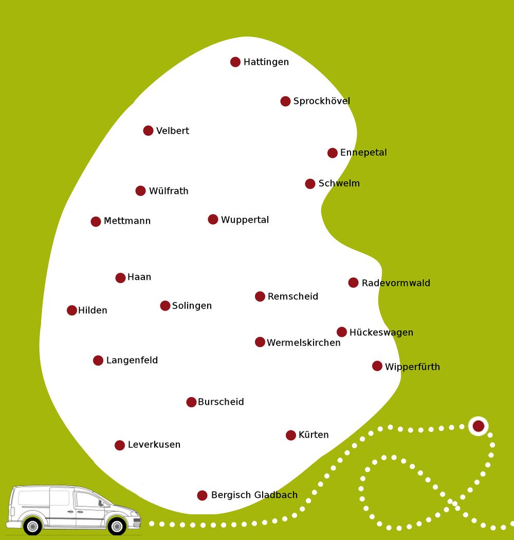 Karte des Liefergebiets mit den Hauptstädten Remscheid, Wuppertal und Solingen sowie umliegenden Gemeinden im Bergischen Land